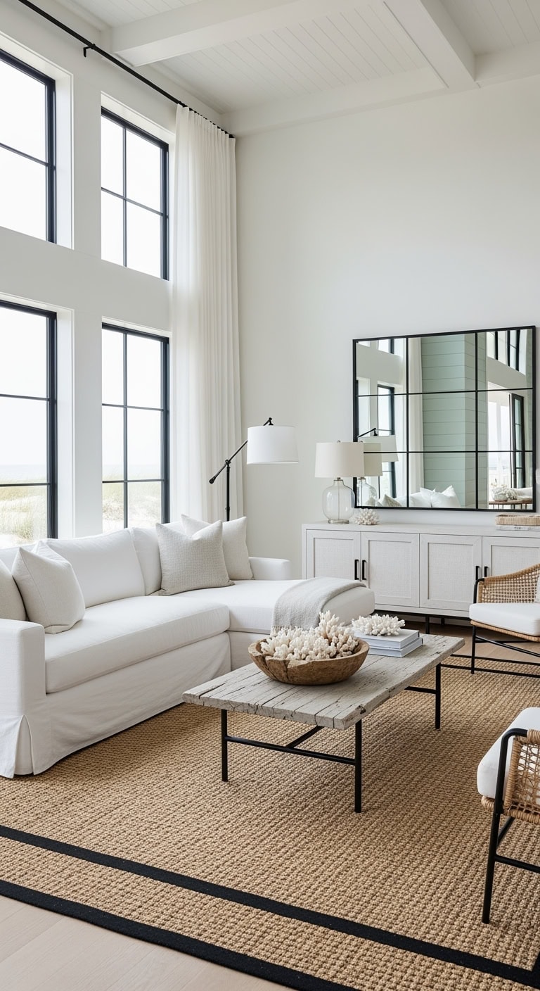 Coastal Modern Charm: Black Window Frames Meet Breezy White Sofas and Earthy Rugs