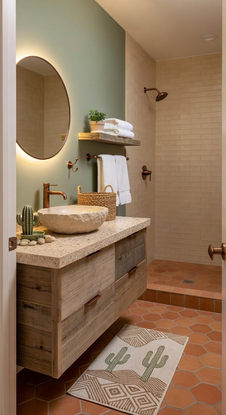Serene Desert Retreat Featuring Pebble Basin, Cactus Soap Holder, and Natural Fiber Basket