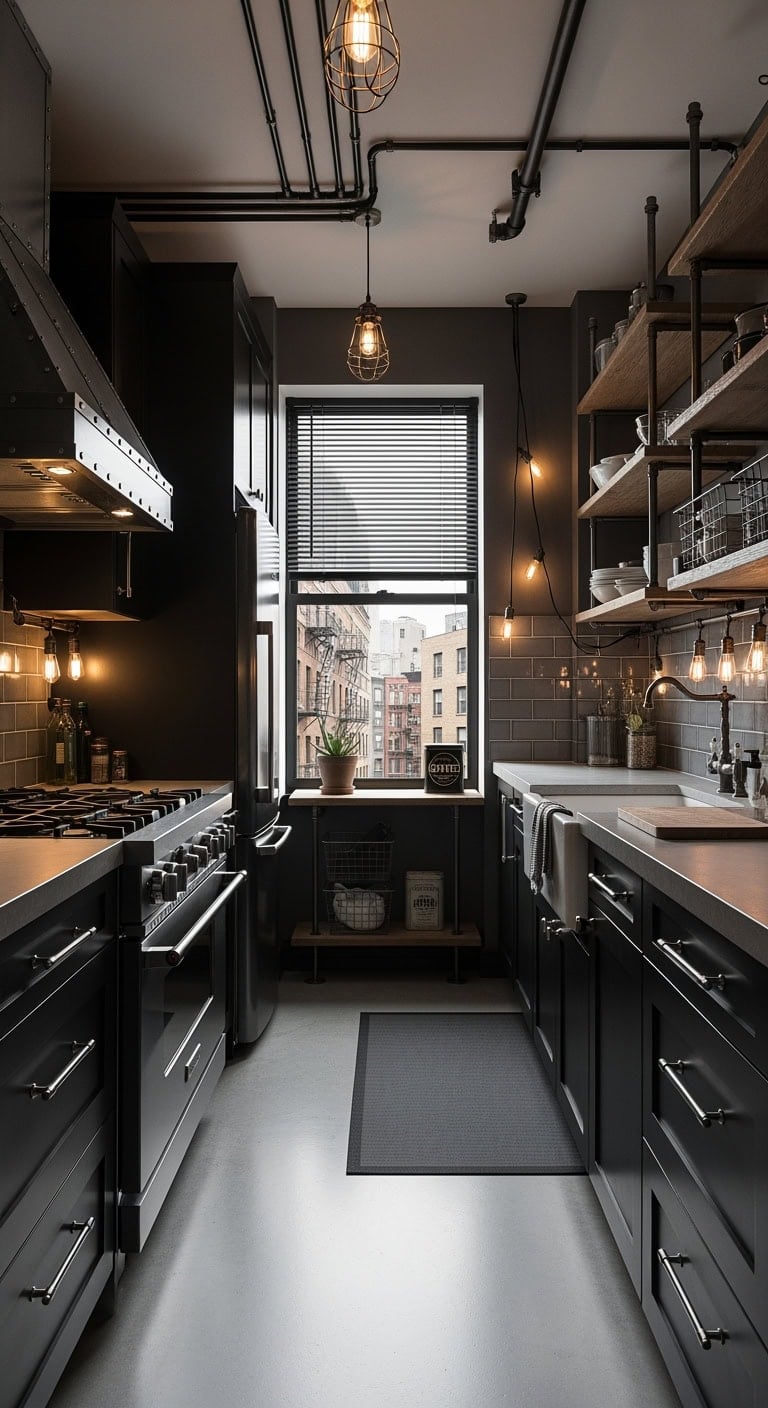Urban Industrial Elegance: Elevating Compact Kitchens with Bold Metal Accents and Cozy Urban Vibes