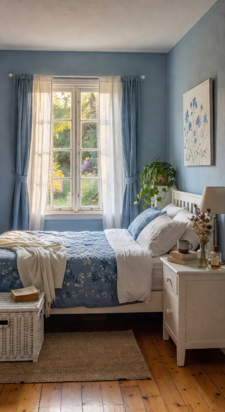 Rustic-Inspired Navy and Timber Bedroom Featuring Botanical Linens and Rattan Storage Bench