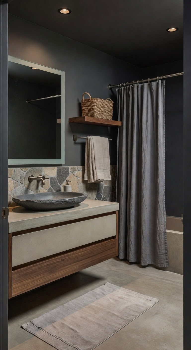 Natural Serenity: Slate Basin, Concrete Accents, and Linen Textures