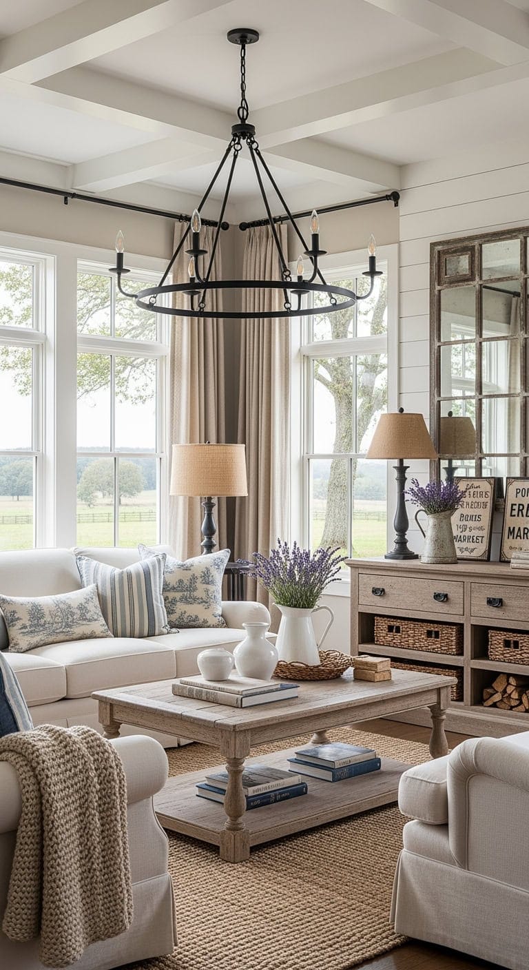 Elegant French Country Living Room Featuring Black Iron Lighting and Linen Accents