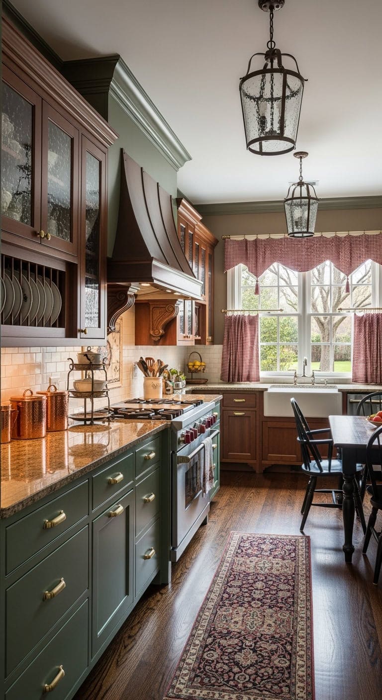 Classic Southern Charm: Infusing Cozy Elegance into Compact Dark Kitchens with Rich Wood Tones and Deep Crown Molding