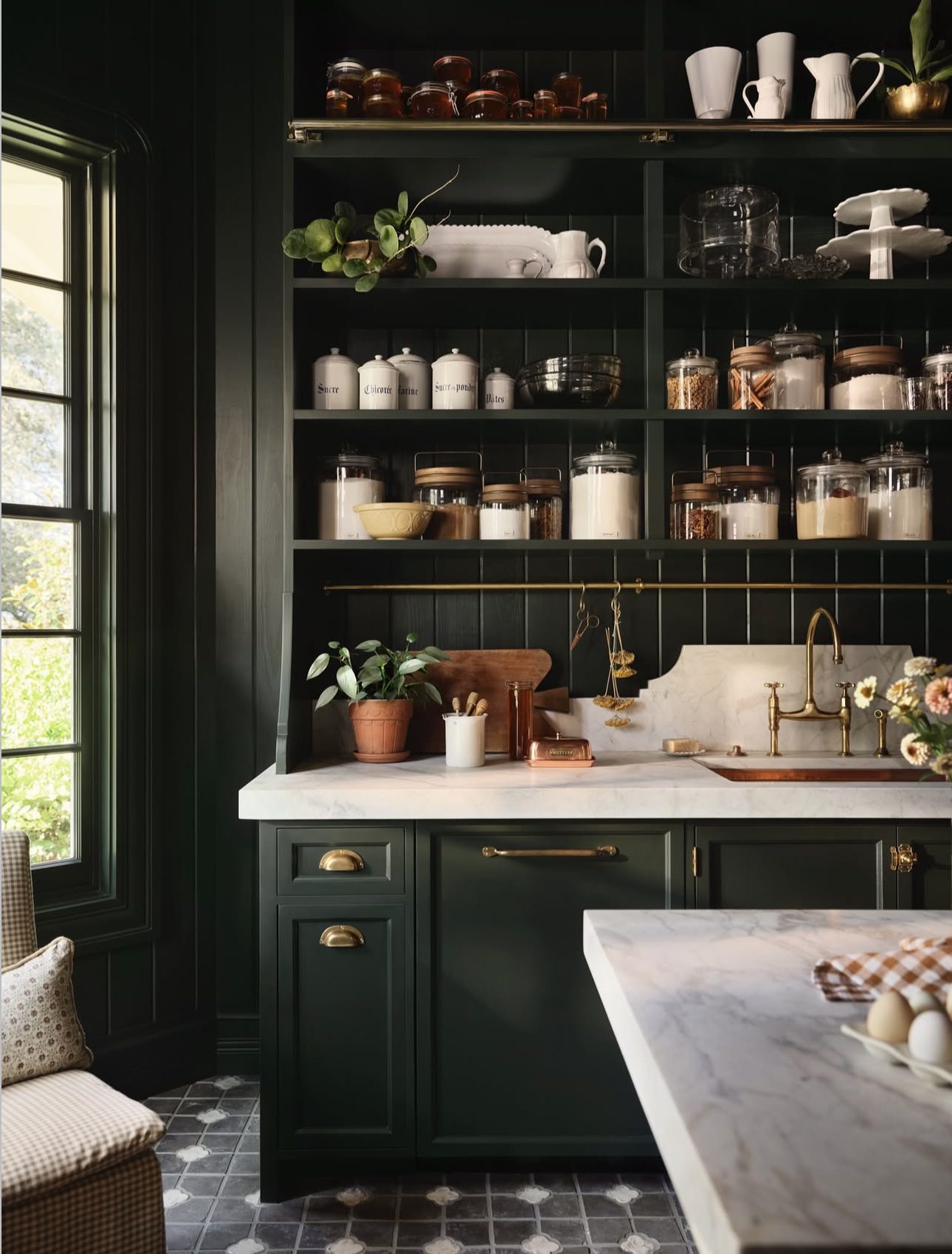 Lush Emerald Kitchen Storage Featuring Exposed Shelves