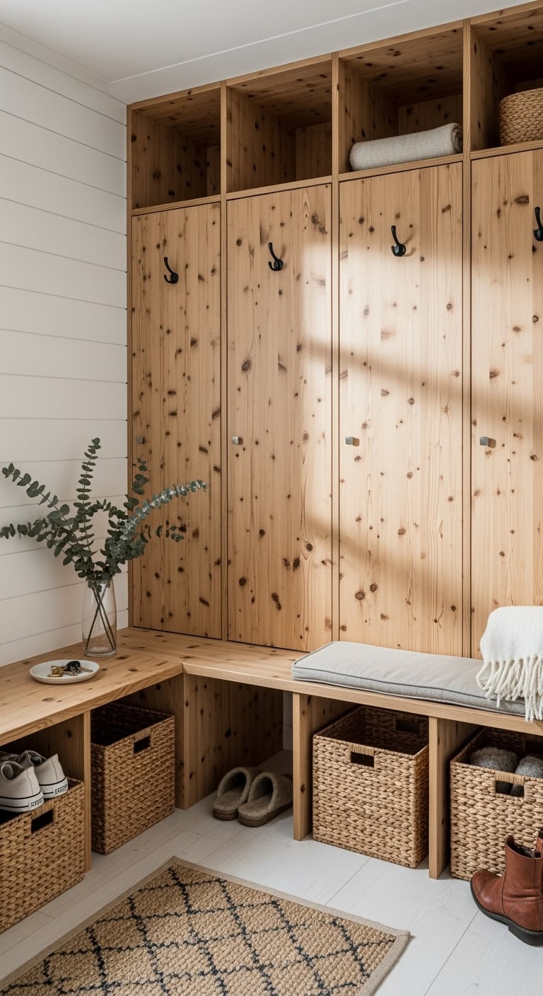 Sleek Scandinavian Pine Mudroom Lockers
