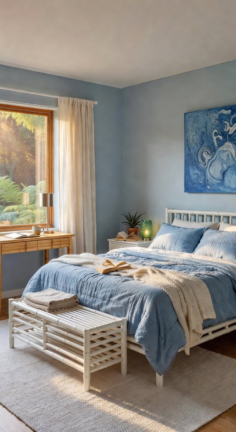 Sustainable Teal and Timber Sleeping Space Featuring a Bamboo Workspace and Upcycled Glass Lamp