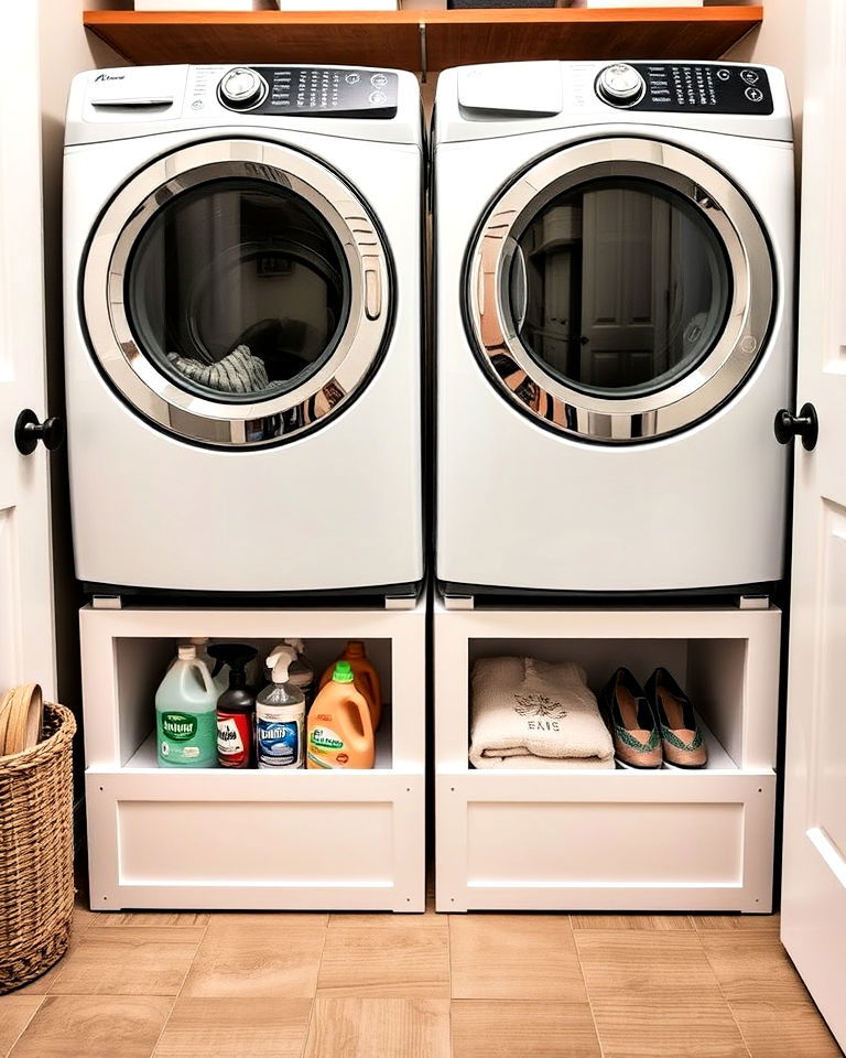Elevated Washer and Dryer Bases with Storage Solutions