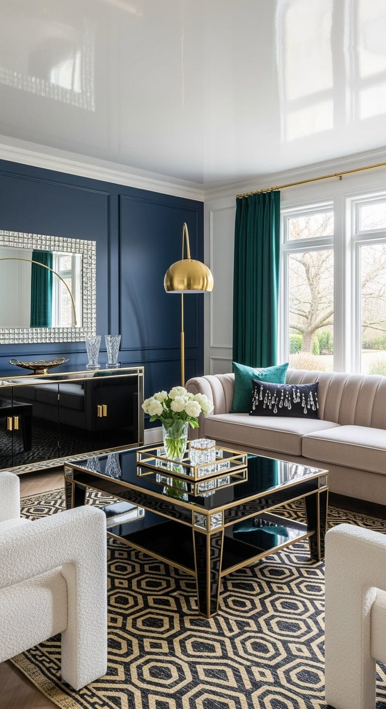Hollywood Regency Vibes: Sleek Black Piano Coffee Tables with Glimmering Mirrored Accents