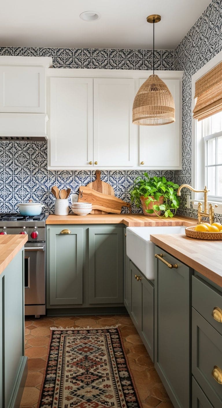 Chic Boho Charm: Patterned Backsplashes Elevating Compact Kitchens into Stylish Sanctuaries