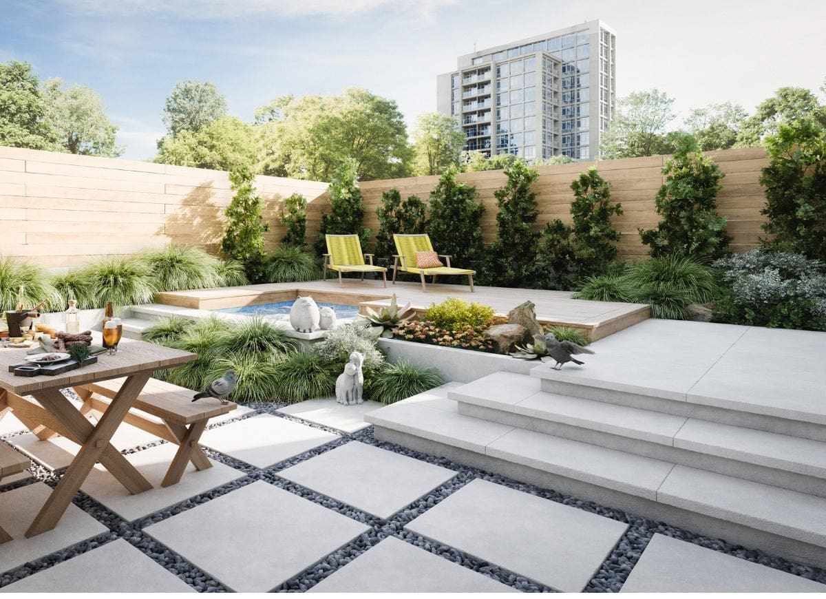 Blending Concrete, Pebbles, and Wood for a Stunning Patio