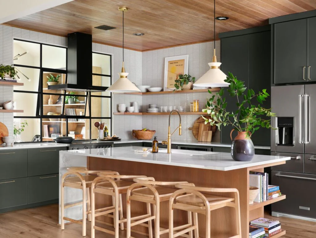 Contemporary Country Kitchen Featuring Open Shelves