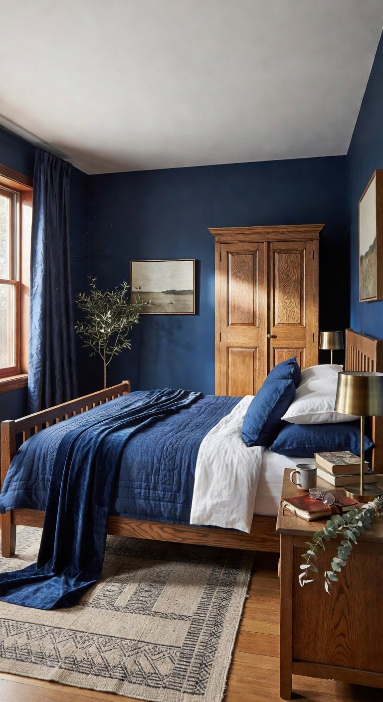 Timeless Navy and Timber Bedroom Featuring Vintage Oak Armoire and Elegant Silk Curtains