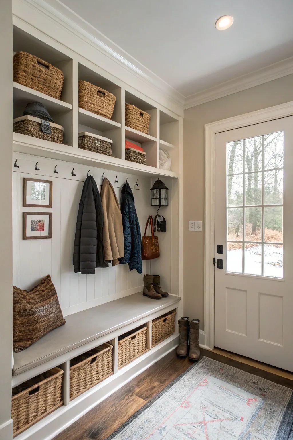 Tall Built-In Storage with Seating and Overhead Cubbies