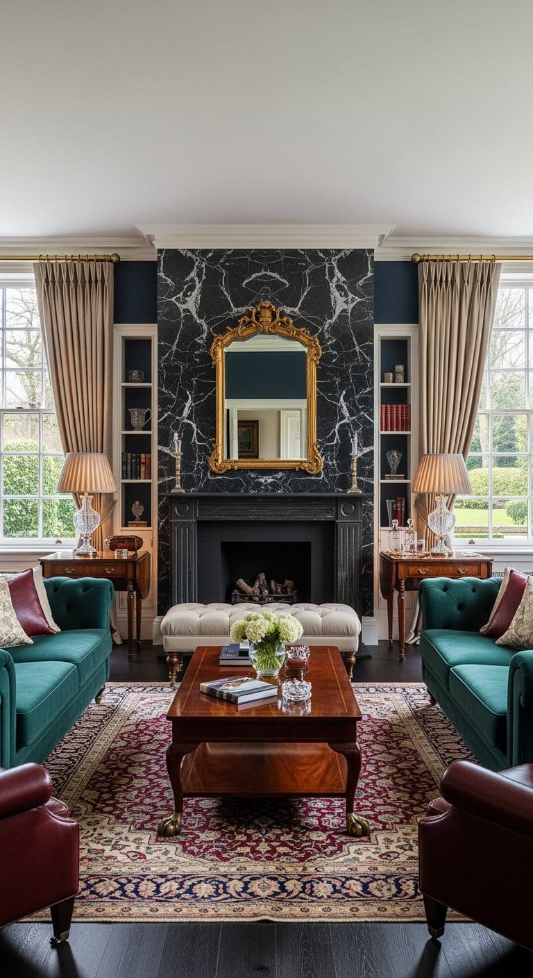 Timeless Traditional: Black Marble Fireplace Paired with Tufted Ottoman & Silk Drapes