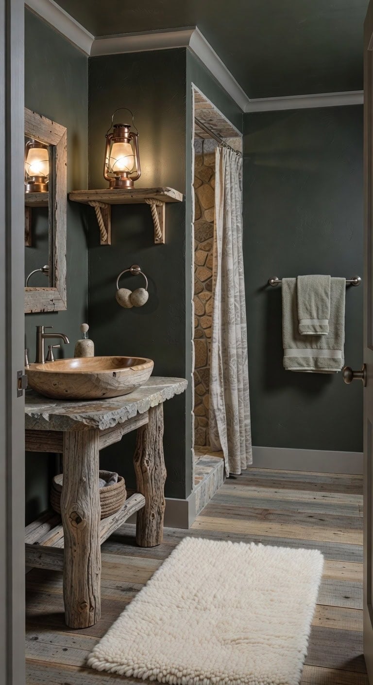 Earthy Cabin Charm with Timber Basin, Rock Towel Holder, and Cozy Wool Rug