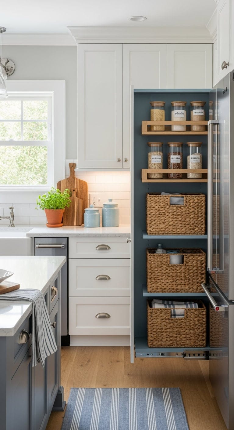 Chic Coastal Charm: Sleek Slide-Out Pantries That Maximize Space and Stretch Your Budget