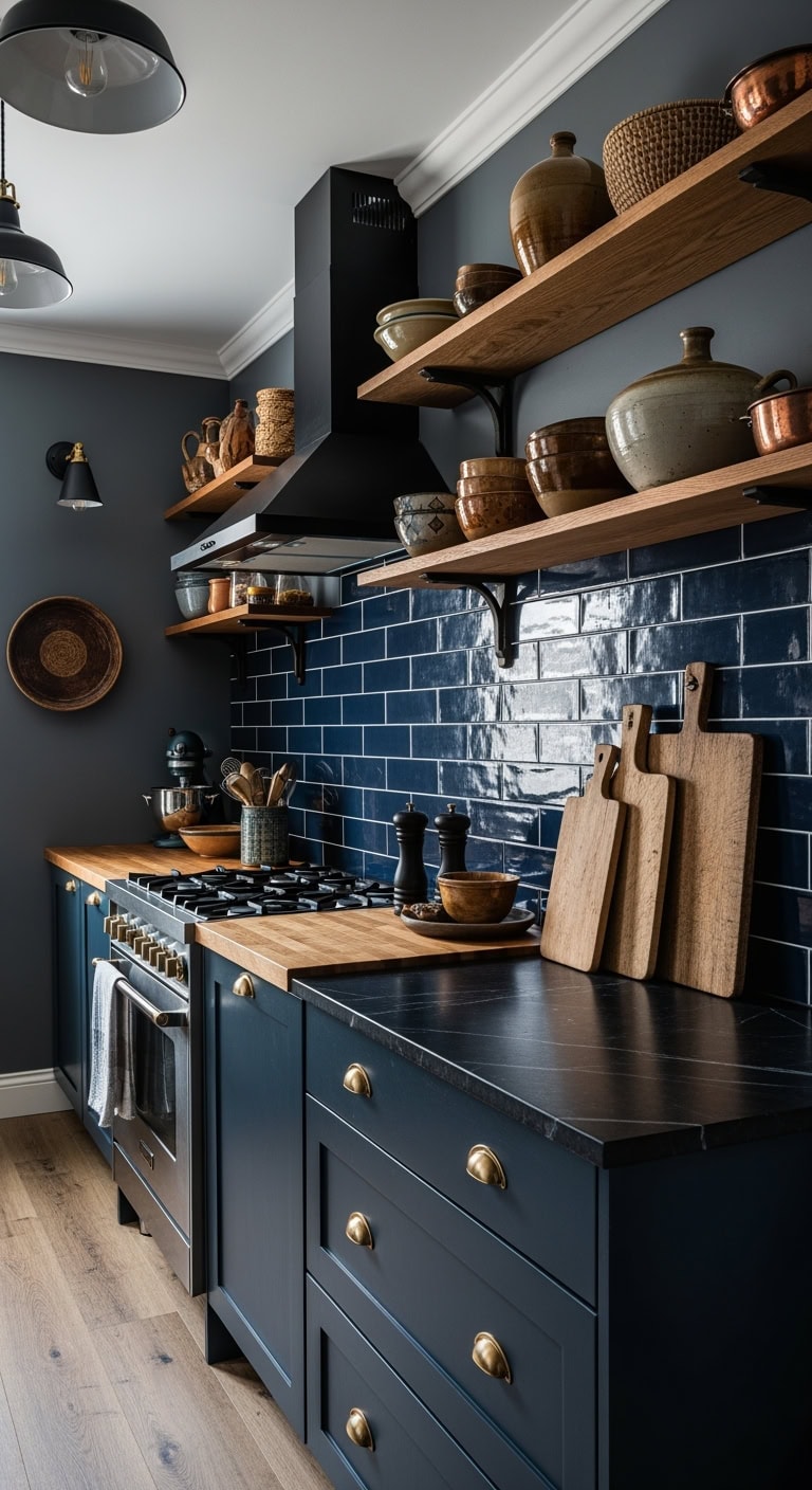 Moody Boho Charm: Transforming Compact Kitchens with Deep Blue Tiles and Rich Textural Layers