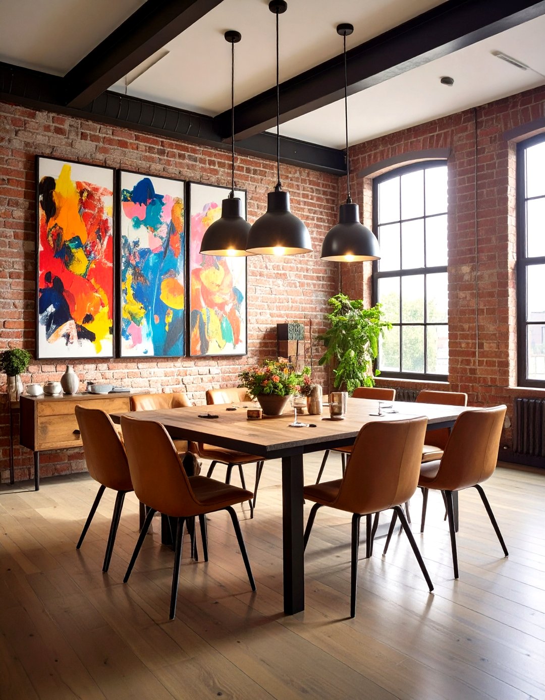 Modern Industrial Dining Space Featuring Bold Artwork
