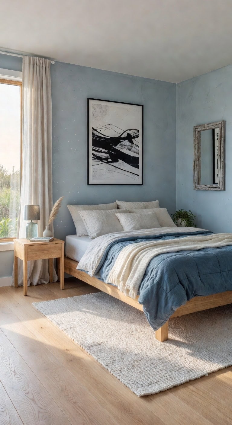 Sleek Navy and Timber Sleeping Space Featuring a Low-Height Bed Frame and Single-Tone Wall Artwork