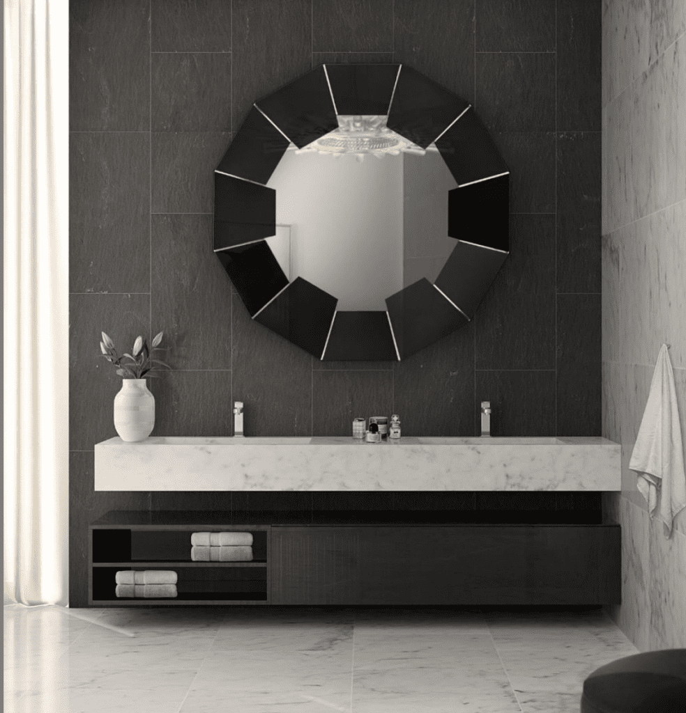 Gilded Elegance: Gold Leaf Ornate Mirror for a Glam Bathroom