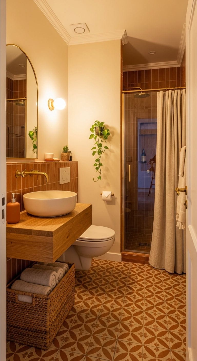 Mediterranean Warmth: Elevate Compact Bathrooms with Vibrant Patterned Tiles
