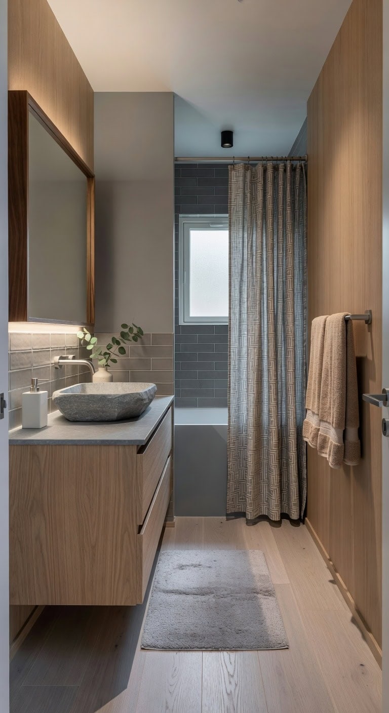 Natural Nordic Charm Featuring Light Oak Basin, Sleek Towel Rail, and Plush Cotton Rug