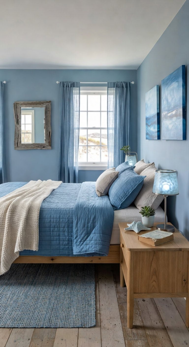 Seaside Retreat Bedroom Featuring Weathered Timber Accents and Ocean-Inspired Lighting