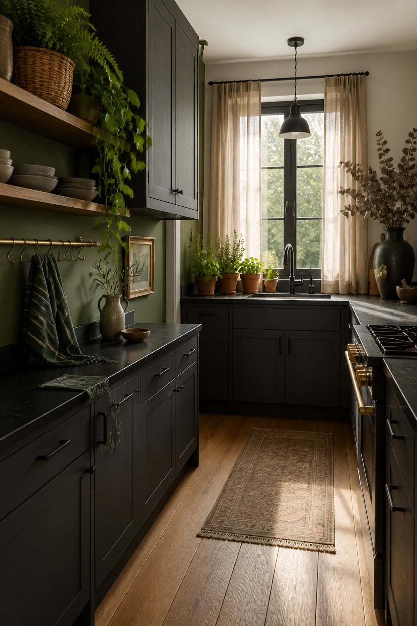 Incorporating Greenery and Organic Touches to Enliven a Charcoal Kitchen