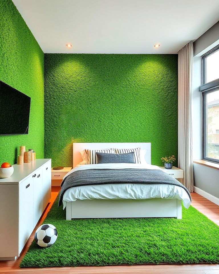 Lush Green Turf Walls for a Soccer-Inspired Room