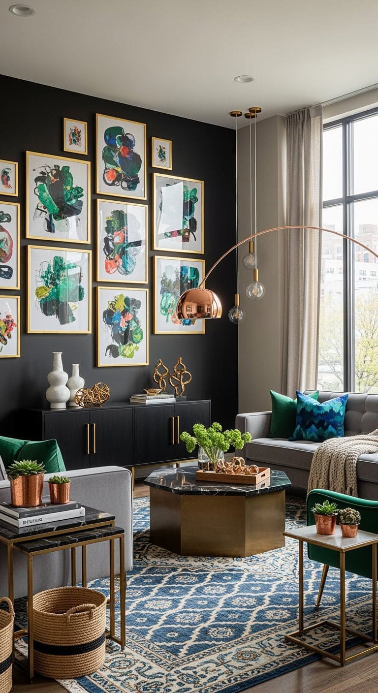 Dramatic Maximalism: Black Gallery Walls Showcasing Eclectic Art and Mixed Metals