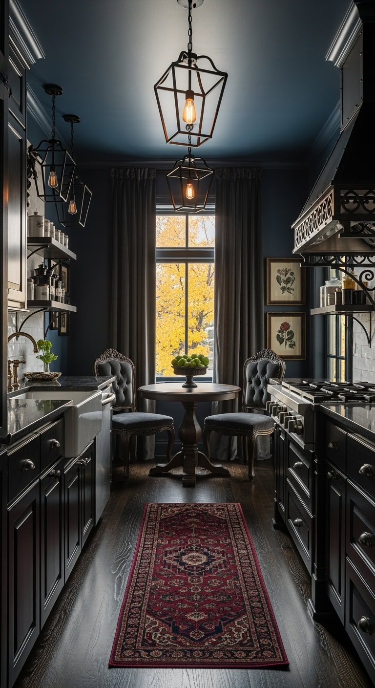 Gothic Elegance: Transforming Compact Kitchens with Dark Accents and Refined Ironwork