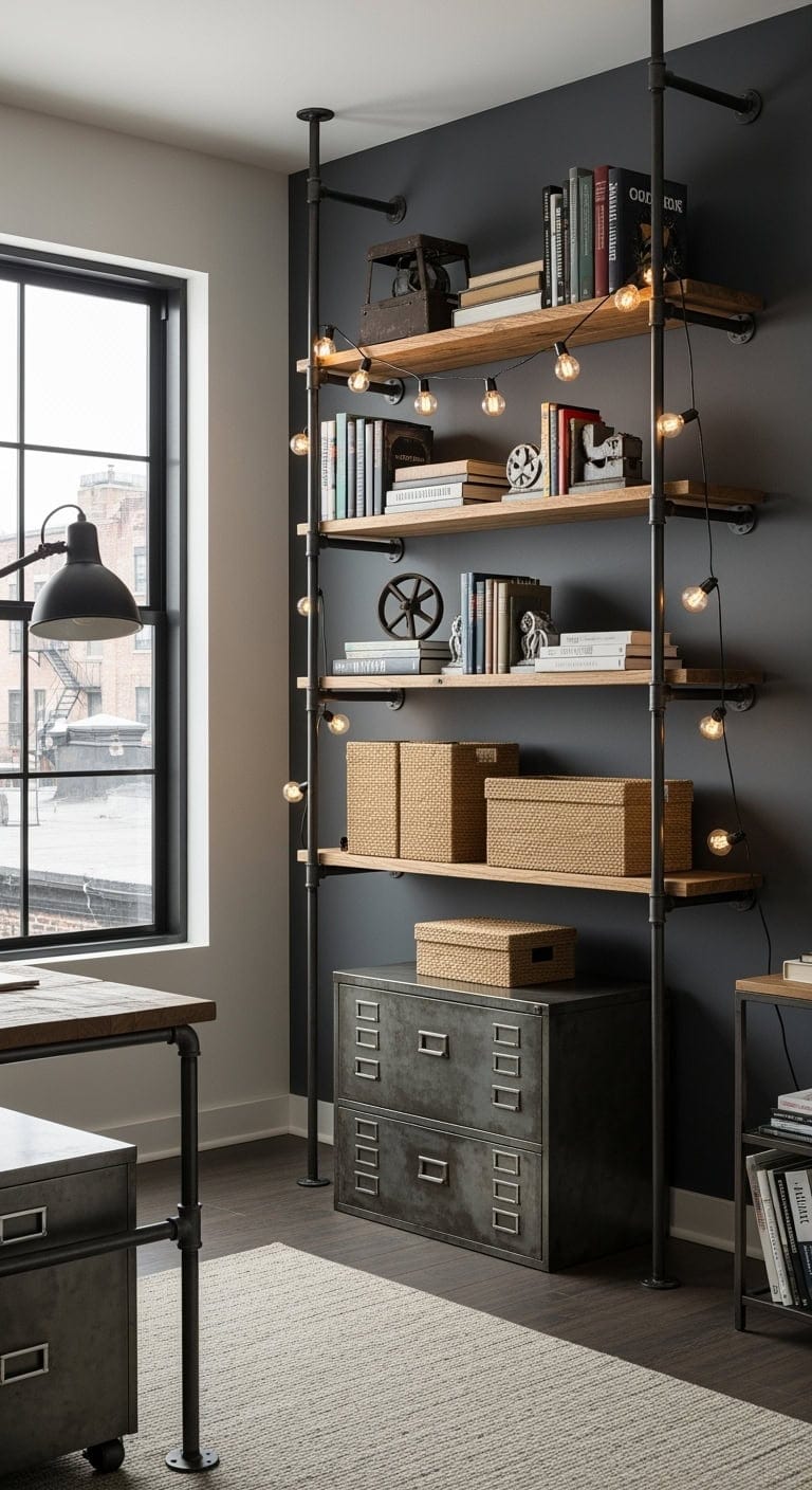 Rustic Chic: Elevate Your Office with Metal Pipe and Wood Shelving