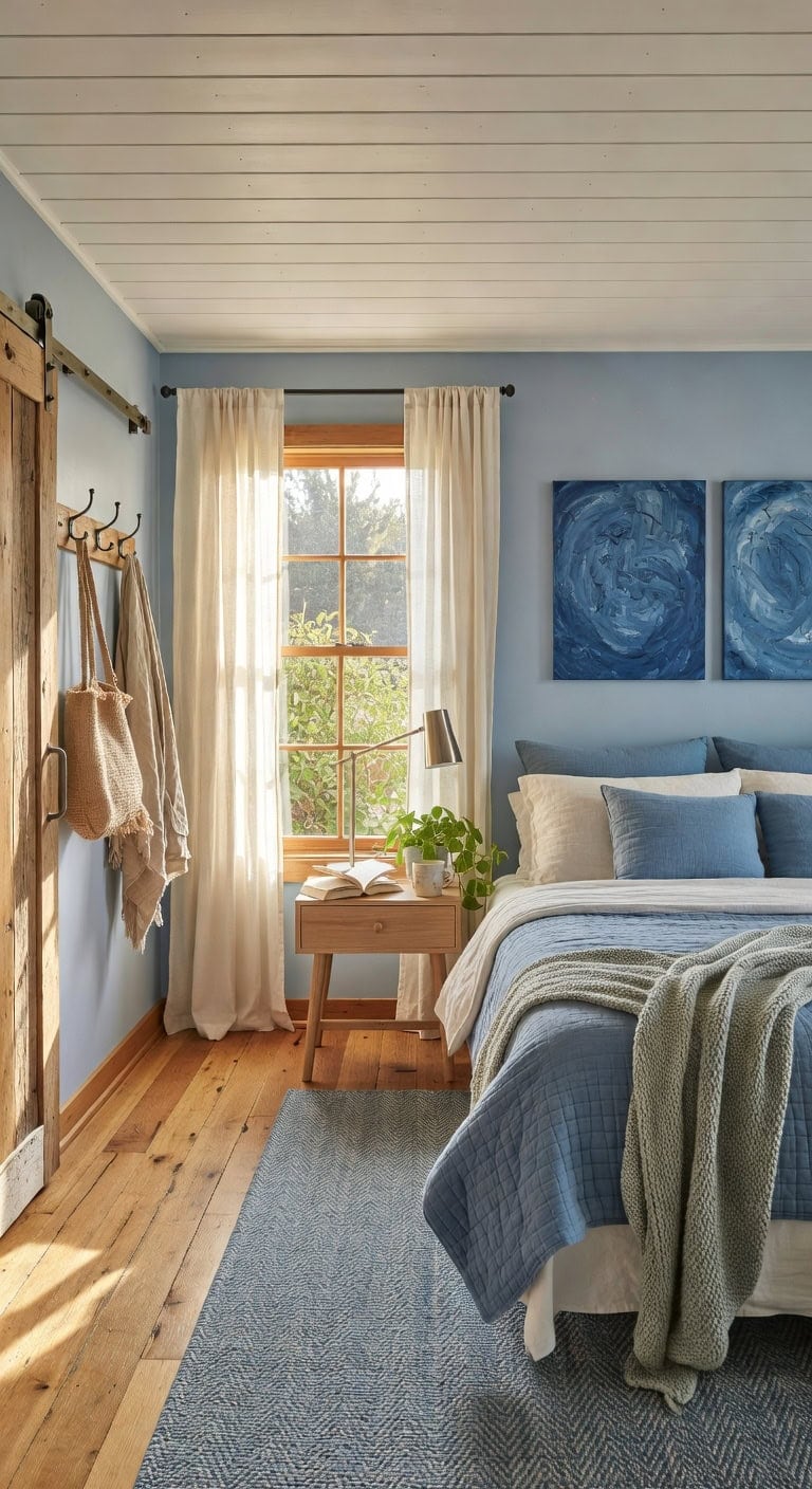 Contemporary Country Blue and Timber Bedroom Featuring Sliding Barn Closet and Vintage Metal Hangers