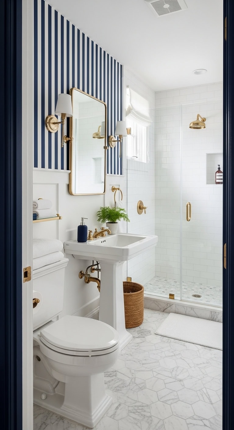 Preppy Classic: Elevate Compact Bathrooms with Striking Striped Wallpaper