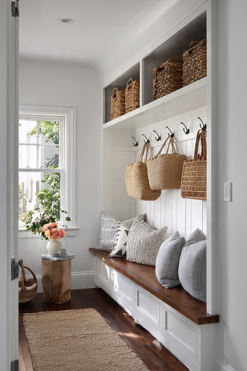 Bright and Airy Entryway with Wall-Mounted Baskets