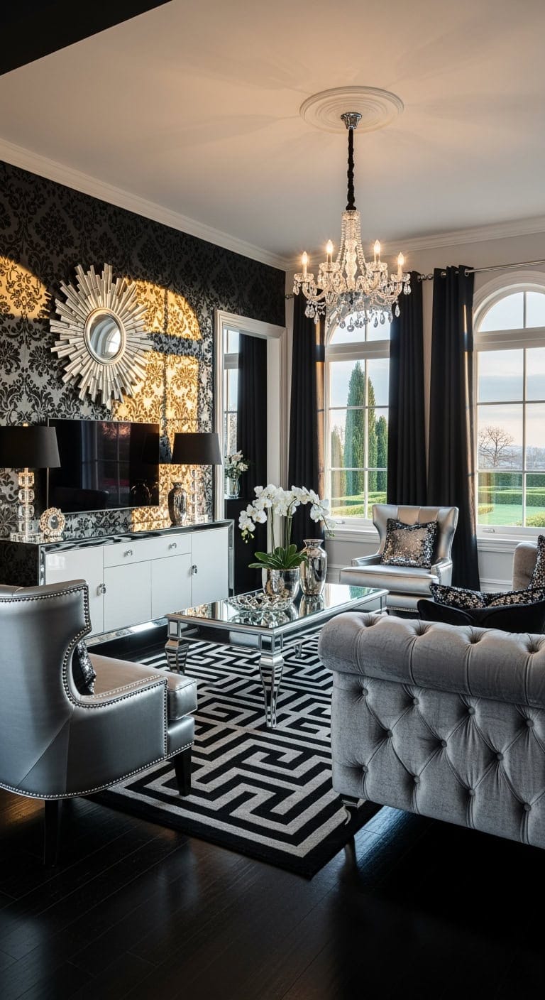 Chic Black and Silver: Elevate Your Living Room with Luxe Metallics and Velvet