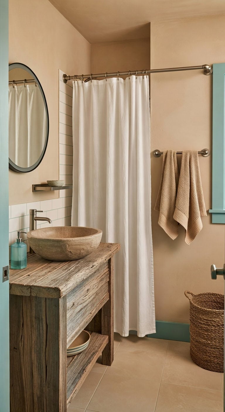 Seaside Serenity with Driftwood Basin, Sea-Glass Accents, and Organic Hemp Towels