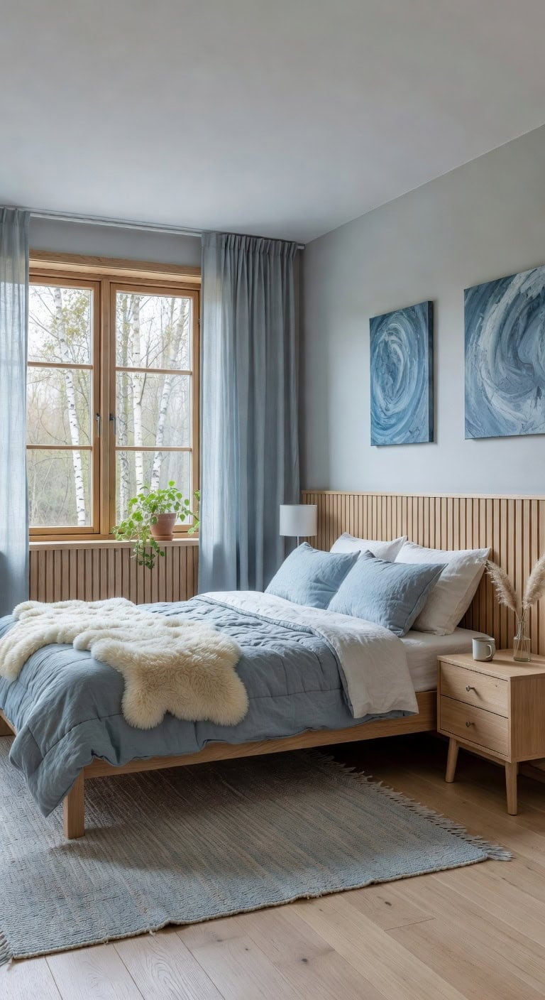 Nordic Cozy Blue and Timber Bedroom Featuring Sheepskin Accent and Pale Wood Slatted Wall