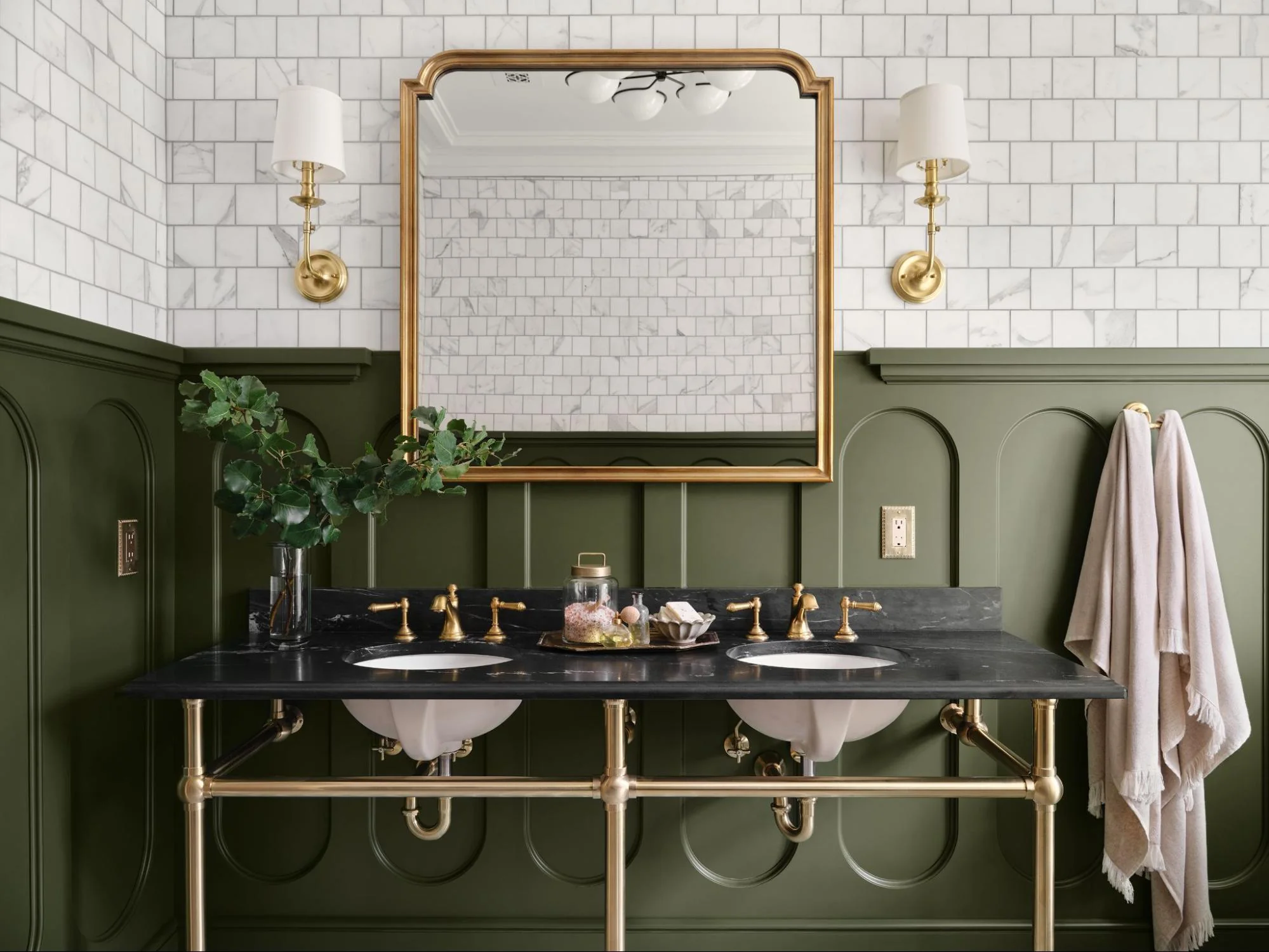 Chic Green Vanity Meets Warm Brass