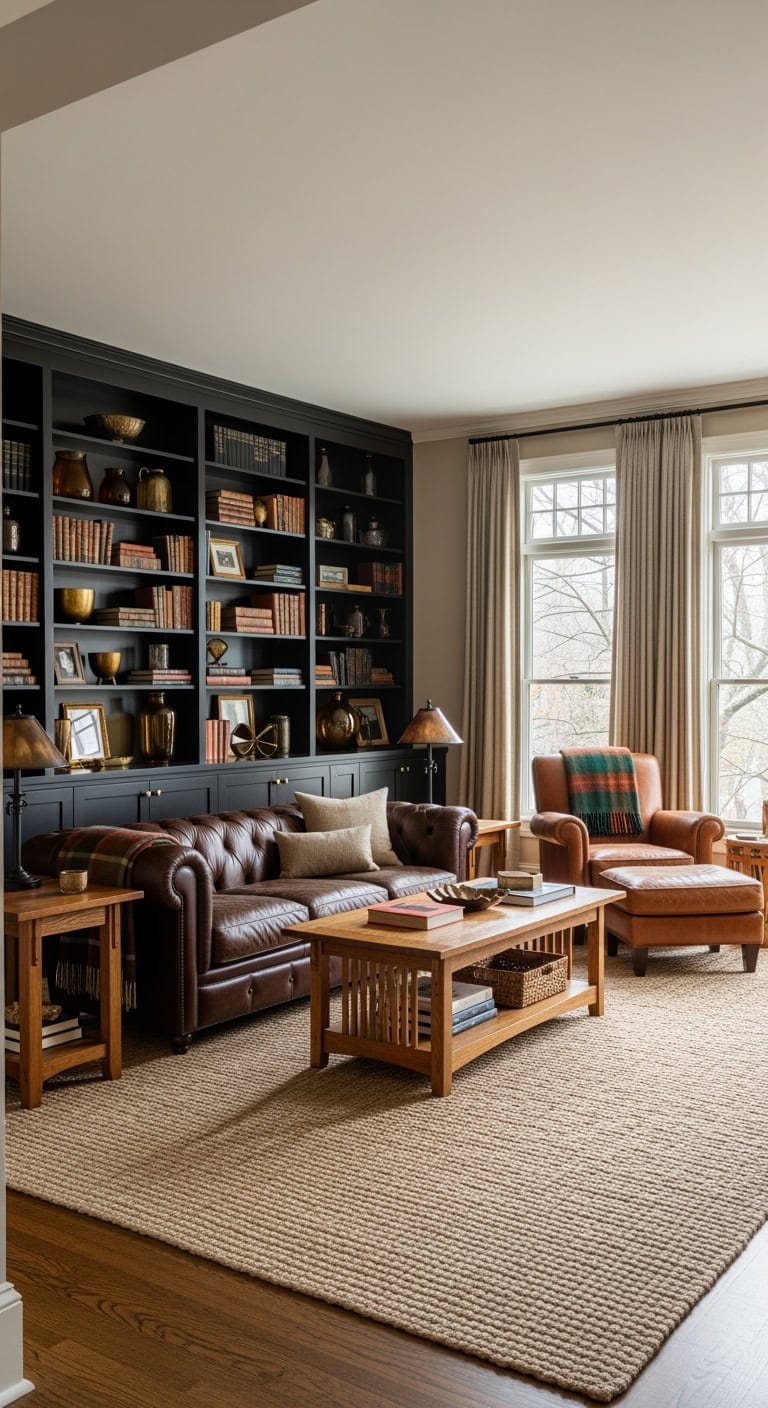 Timeless Craftsman Charm: Sleek Black Built-Ins Paired with Leather and Mission Accents