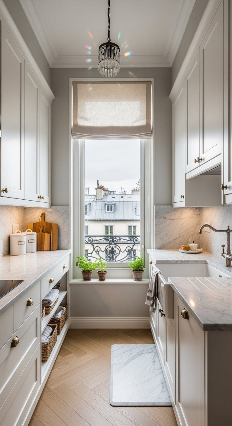Chic Parisian Charm: Marble Surfaces Elevate Cozy Kitchen Spaces with Understated Grace