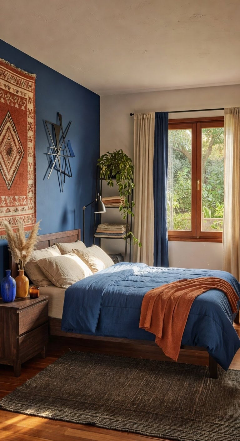 Eclectic Blue and Natural Wood Bedroom Featuring Woven Tapestry and Artisan Ceramic Vessels