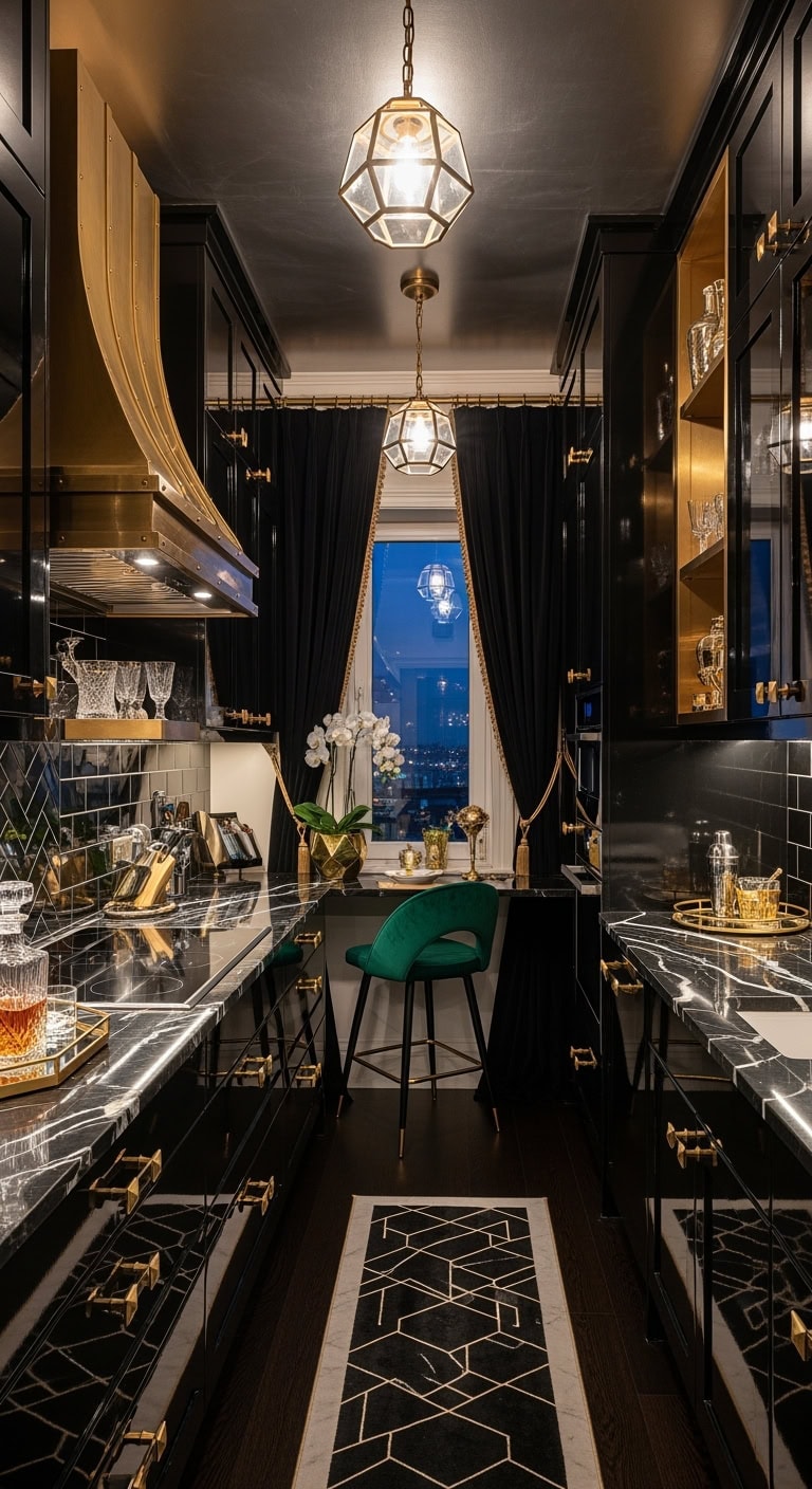 Luxurious Art Deco Chic: Transforming Compact Dark Kitchens with Reflective Ebony Finishes and Jewel-Toned Accents