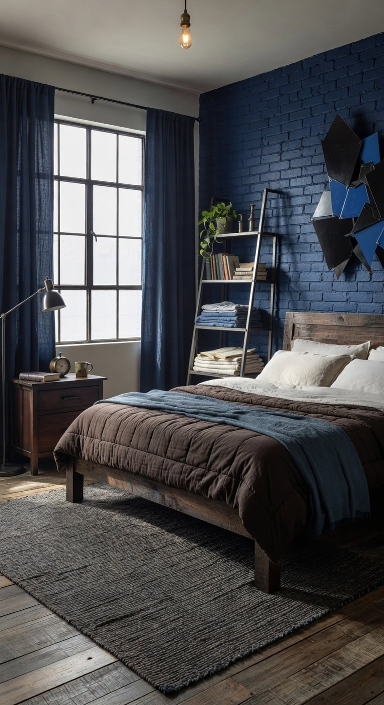 Rustic Industrial Navy and Timber Bedroom Featuring Brick Wall Highlight and Metal Ladder Bookcase