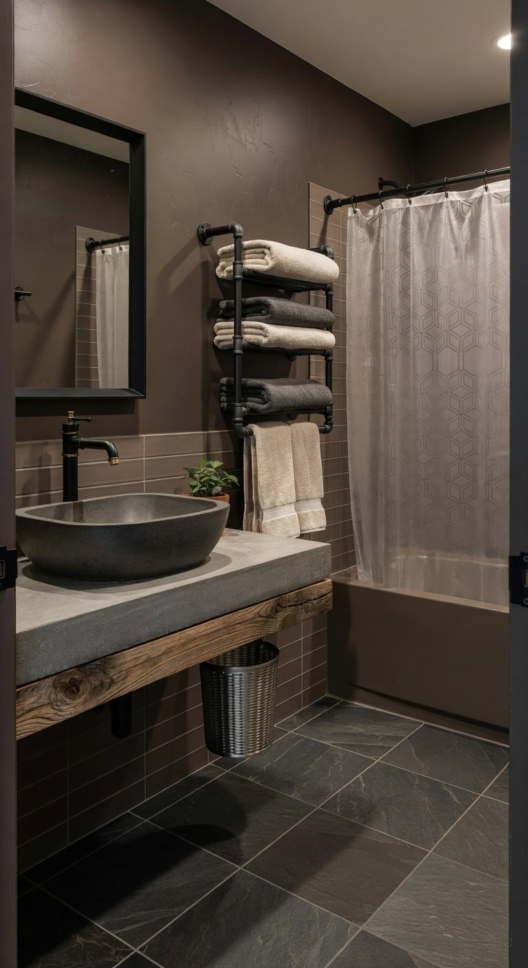 Industrial Chic with Stone Basin, Steel Mesh Accent, and Luxe Microfiber Linens