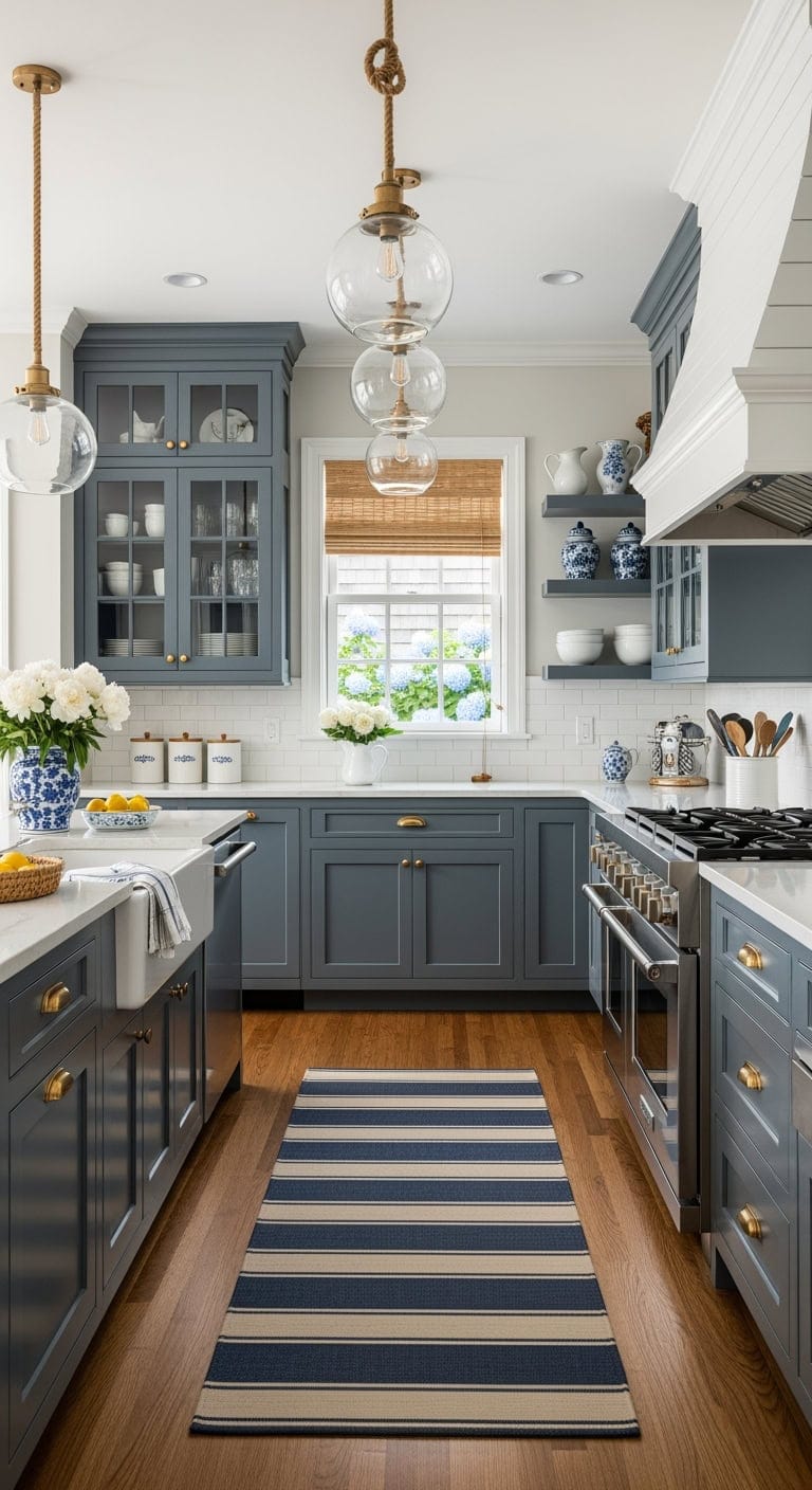Elevated Coastal Charm: Enhancing Compact Dark Kitchens with Dusty Blue Cabinets and Warm Accents