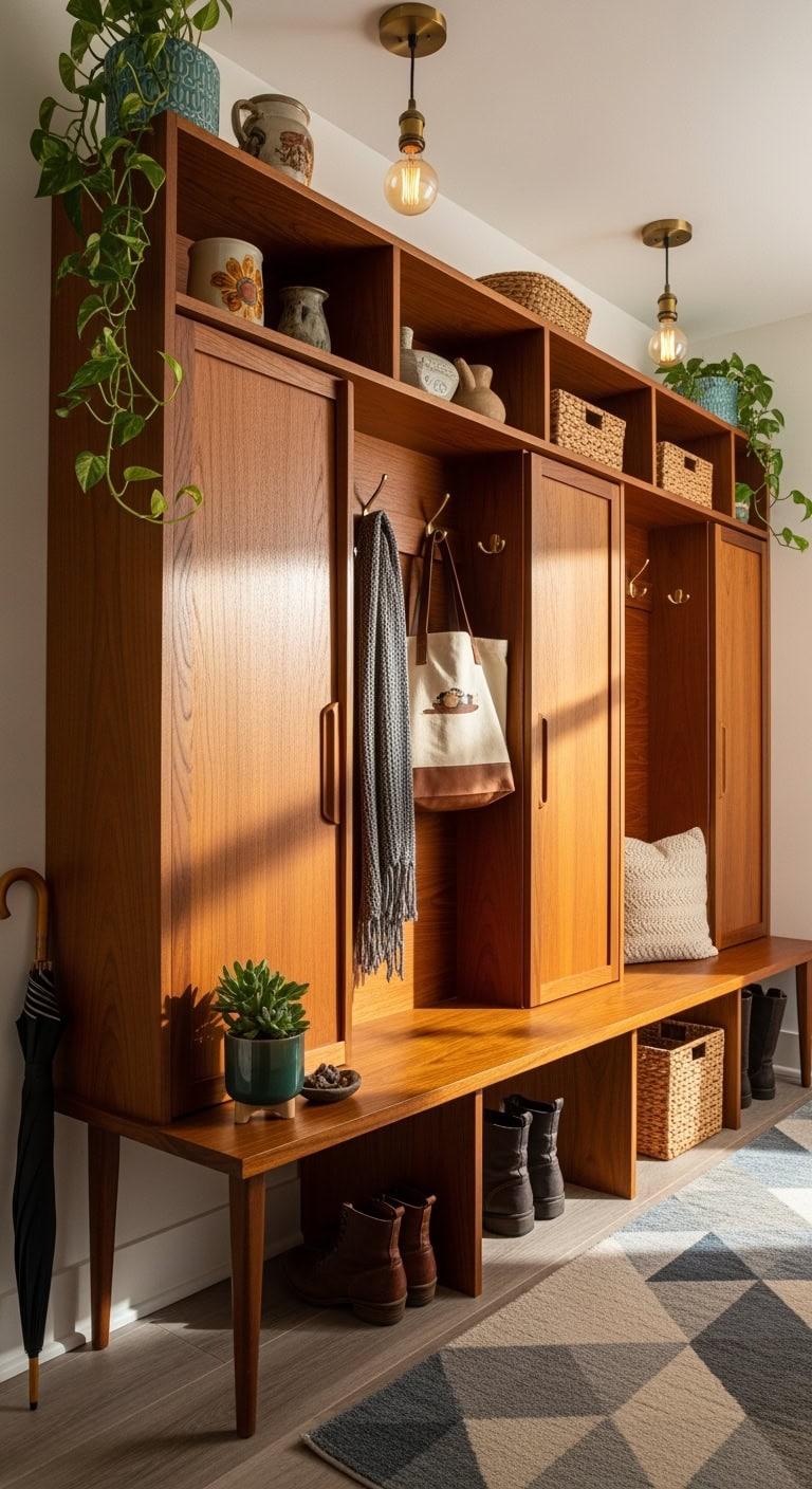 Vintage-Inspired Teak Mudroom Lockers