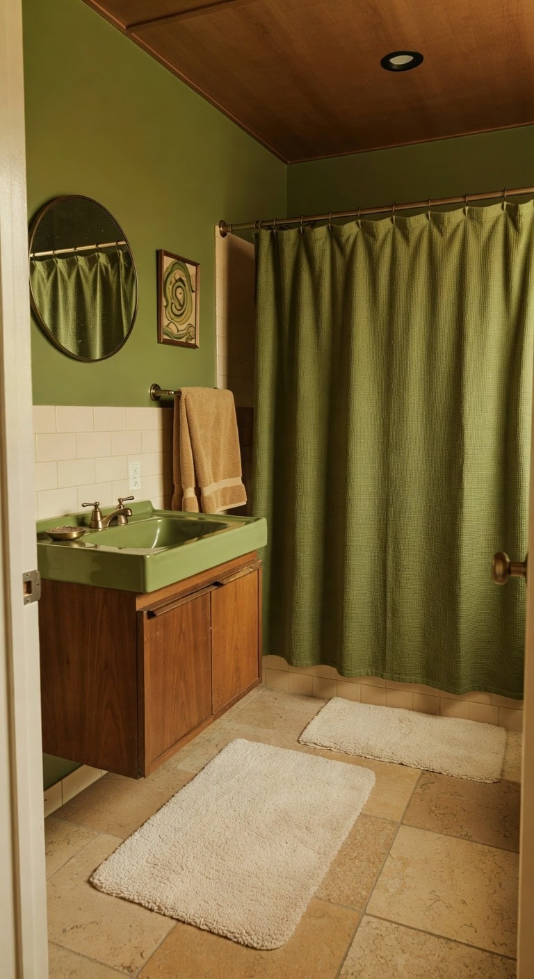 Retro Revival with Olive-Toned Sink, Classic Brass Soap Holder, and Cozy Fleece Rug
