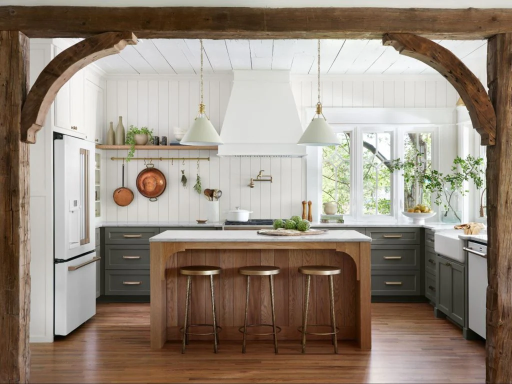 Sunlit Country Kitchen Featuring Rustic Wood Beam Accent