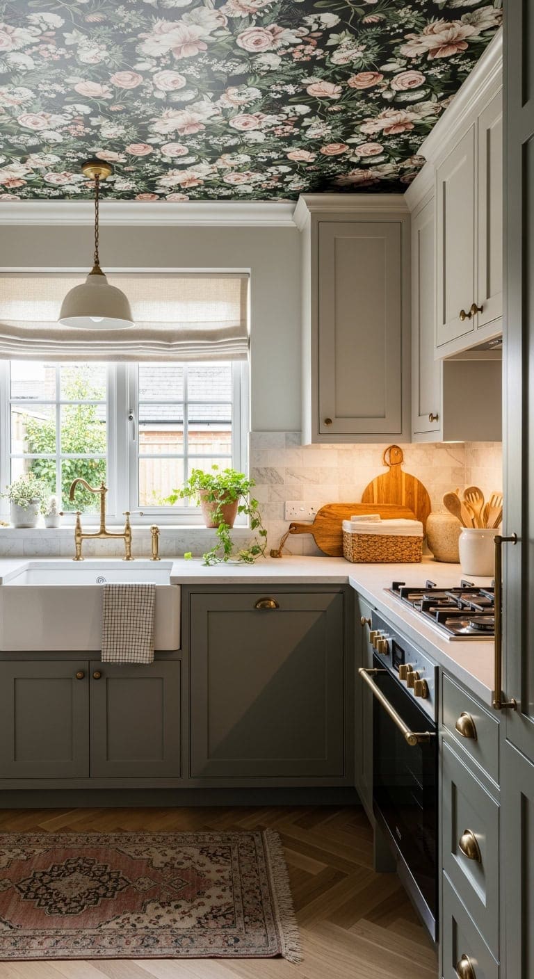 English Manor Charm: Elevate Small Kitchens with Bold Wallpapered Ceilings